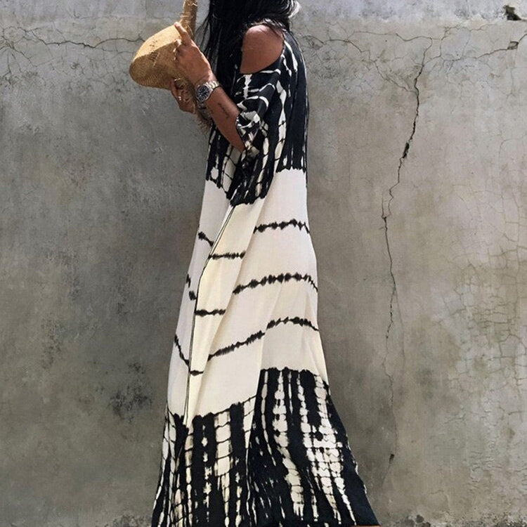 Fitshinling Open Shoulder Summer Long Dress Bohemian Vintage Halo Dyeing Robe Oversized Kaftan Holiday Fashion Sexy Pareos New