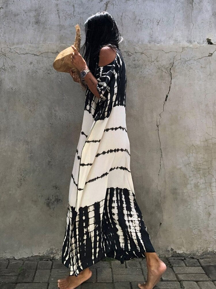 Fitshinling Open Shoulder Summer Long Dress Bohemian Vintage Halo Dyeing Robe Oversized Kaftan Holiday Fashion Sexy Pareos New