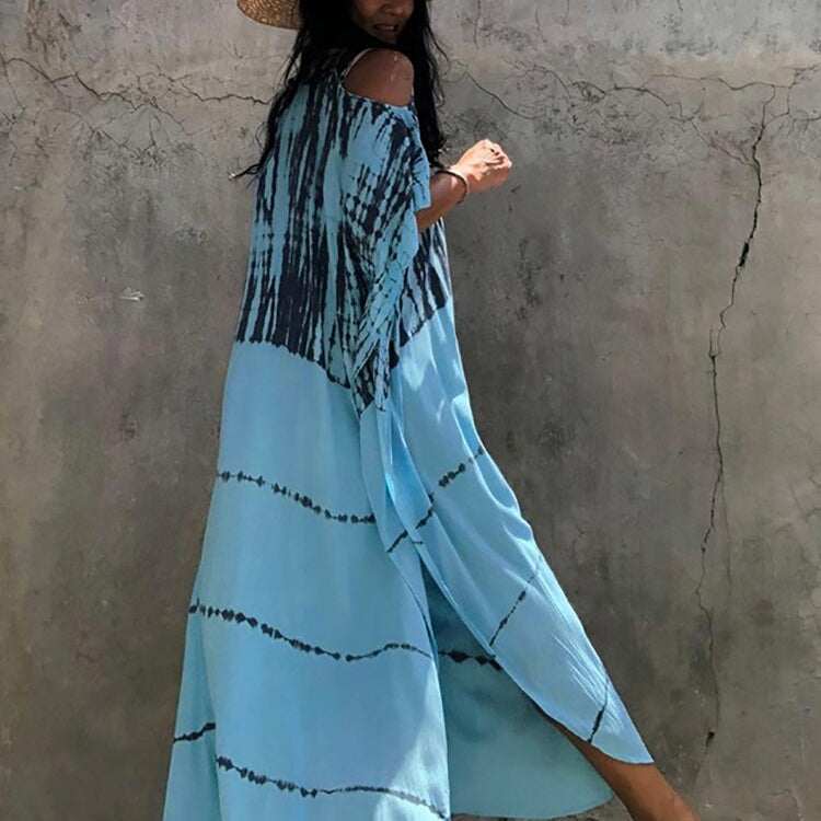 Fitshinling Open Shoulder Summer Long Dress Bohemian Vintage Halo Dyeing Robe Oversized Kaftan Holiday Fashion Sexy Pareos New