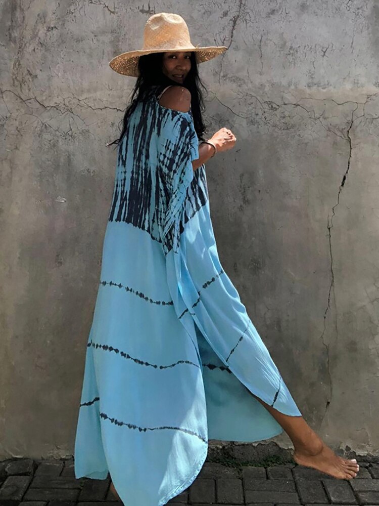Fitshinling Open Shoulder Summer Long Dress Bohemian Vintage Halo Dyeing Robe Oversized Kaftan Holiday Fashion Sexy Pareos New