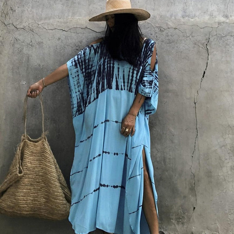 Fitshinling Open Shoulder Summer Long Dress Bohemian Vintage Halo Dyeing Robe Oversized Kaftan Holiday Fashion Sexy Pareos New blue One Size