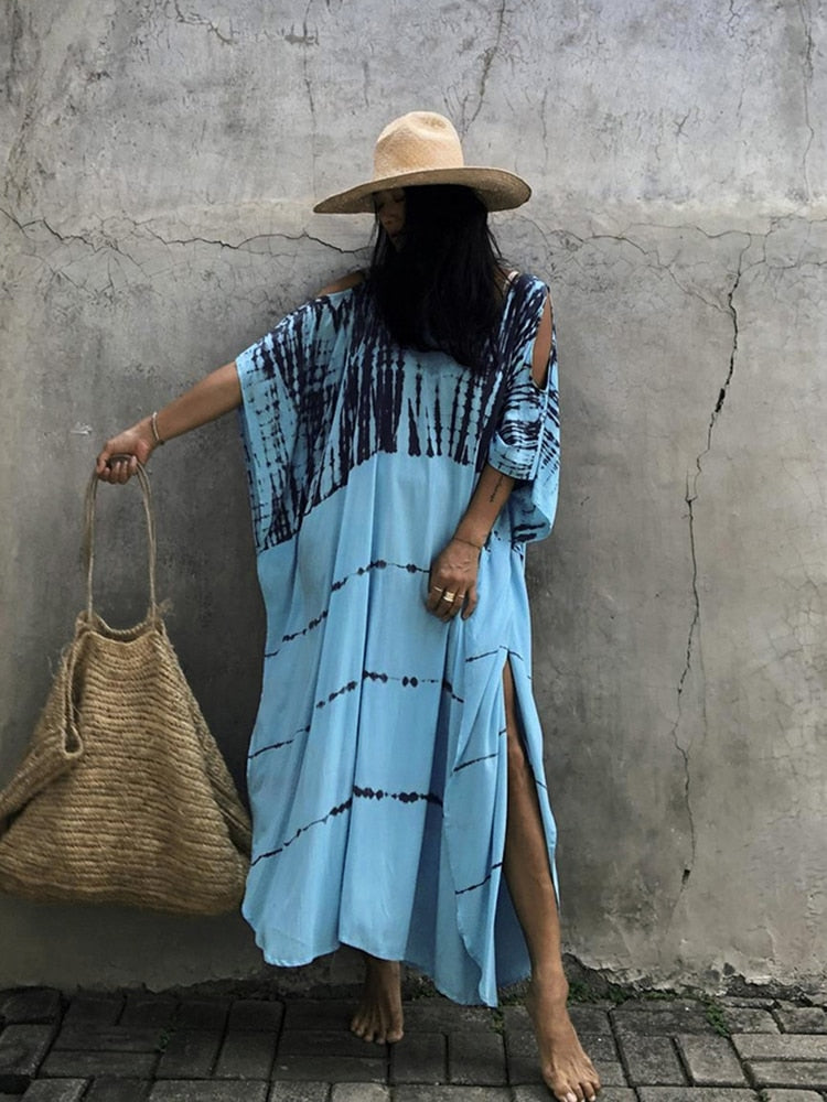 Fitshinling Open Shoulder Summer Long Dress Bohemian Vintage Halo Dyeing Robe Oversized Kaftan Holiday Fashion Sexy Pareos New blue One Size