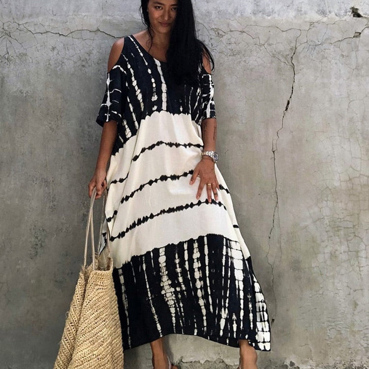 Fitshinling Open Shoulder Summer Long Dress Bohemian Vintage Halo Dyeing Robe Oversized Kaftan Holiday Fashion Sexy Pareos New AMAIO