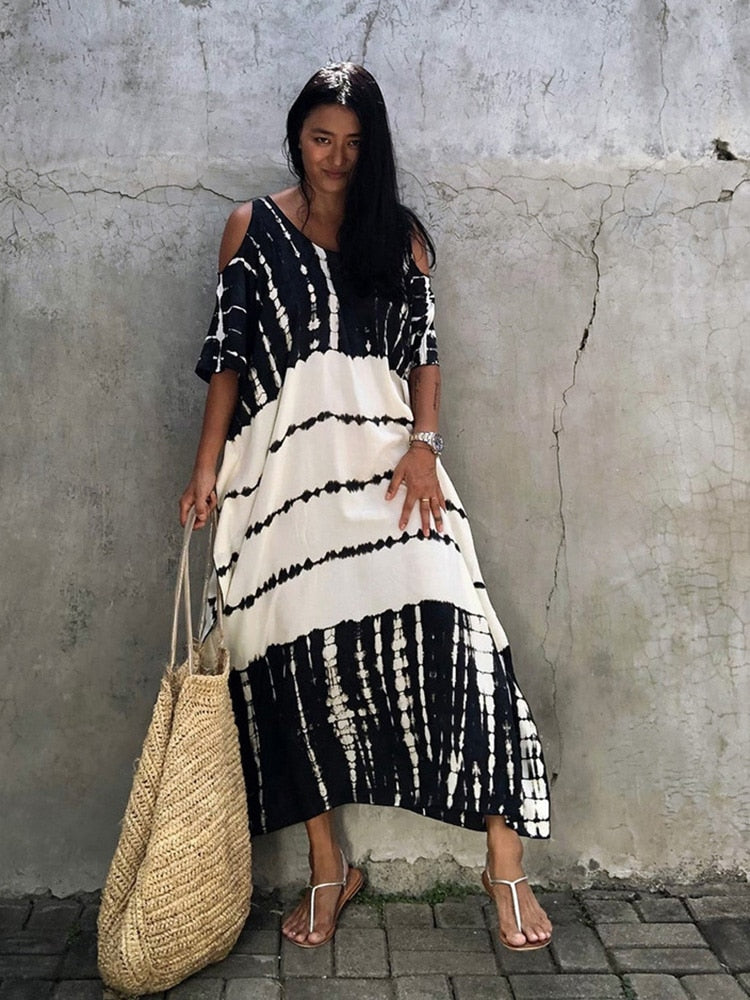 Fitshinling Open Shoulder Summer Long Dress Bohemian Vintage Halo Dyeing Robe Oversized Kaftan Holiday Fashion Sexy Pareos New