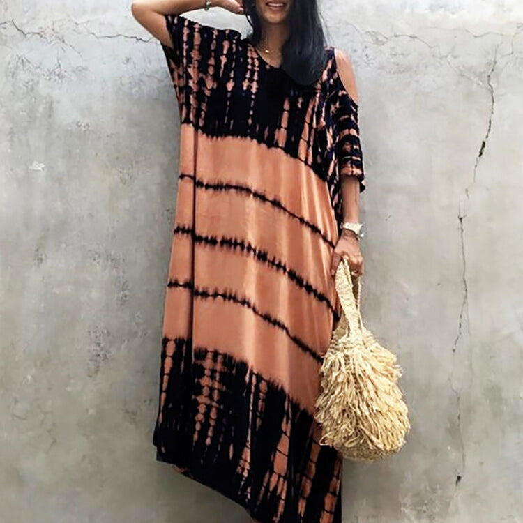 Fitshinling Open Shoulder Summer Long Dress Bohemian Vintage Halo Dyeing Robe Oversized Kaftan Holiday Fashion Sexy Pareos New orange One Size