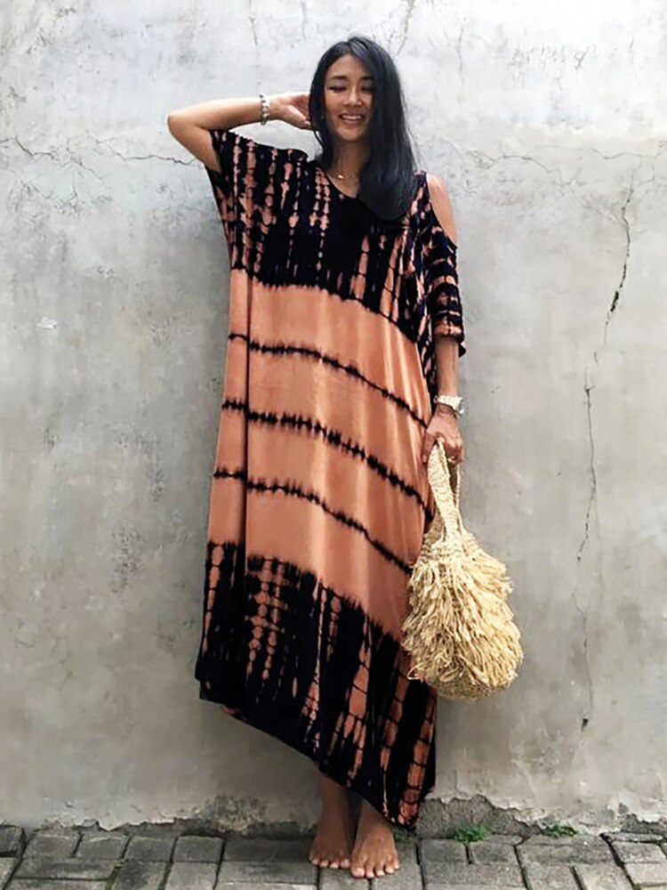 Fitshinling Open Shoulder Summer Long Dress Bohemian Vintage Halo Dyeing Robe Oversized Kaftan Holiday Fashion Sexy Pareos New orange One Size