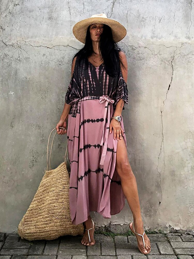 Fitshinling Open Shoulder Summer Long Dress Bohemian Vintage Halo Dyeing Robe Oversized Kaftan Holiday Fashion Sexy Pareos New pink One Size