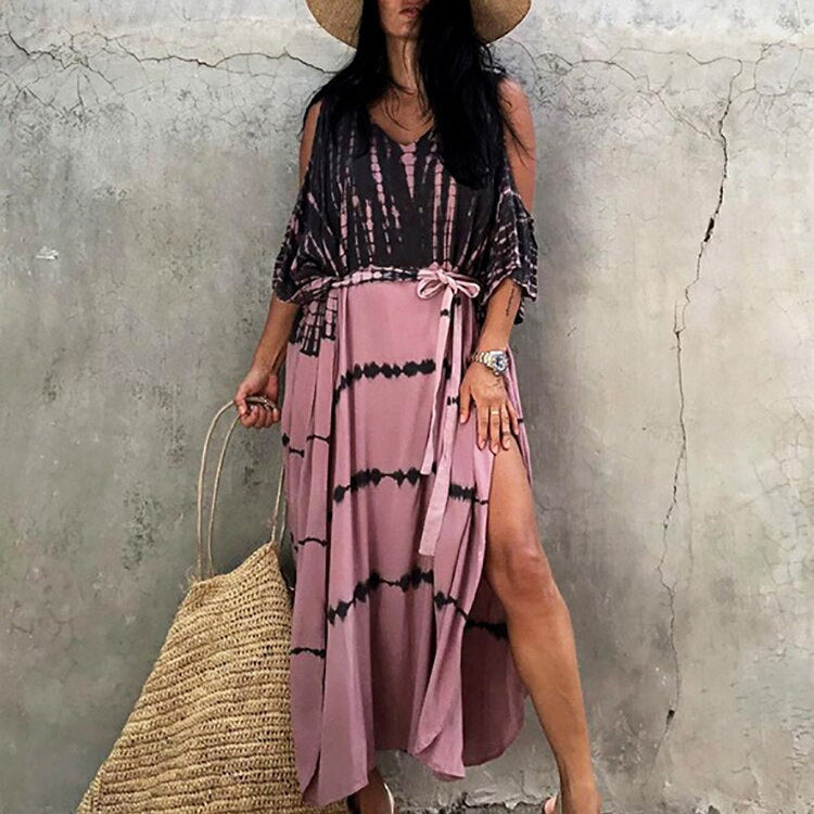 Fitshinling Open Shoulder Summer Long Dress Bohemian Vintage Halo Dyeing Robe Oversized Kaftan Holiday Fashion Sexy Pareos New