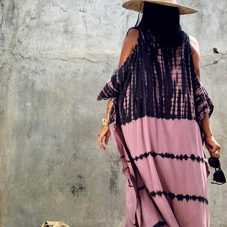 Fitshinling Open Shoulder Summer Long Dress Bohemian Vintage Halo Dyeing Robe Oversized Kaftan Holiday Fashion Sexy Pareos New