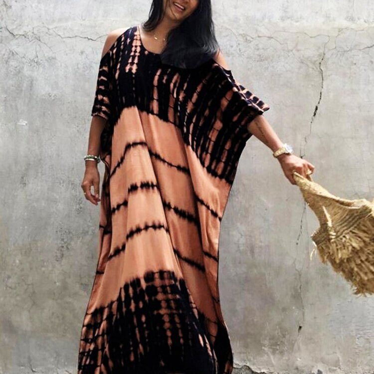 Fitshinling Open Shoulder Summer Long Dress Bohemian Vintage Halo Dyeing Robe Oversized Kaftan Holiday Fashion Sexy Pareos New