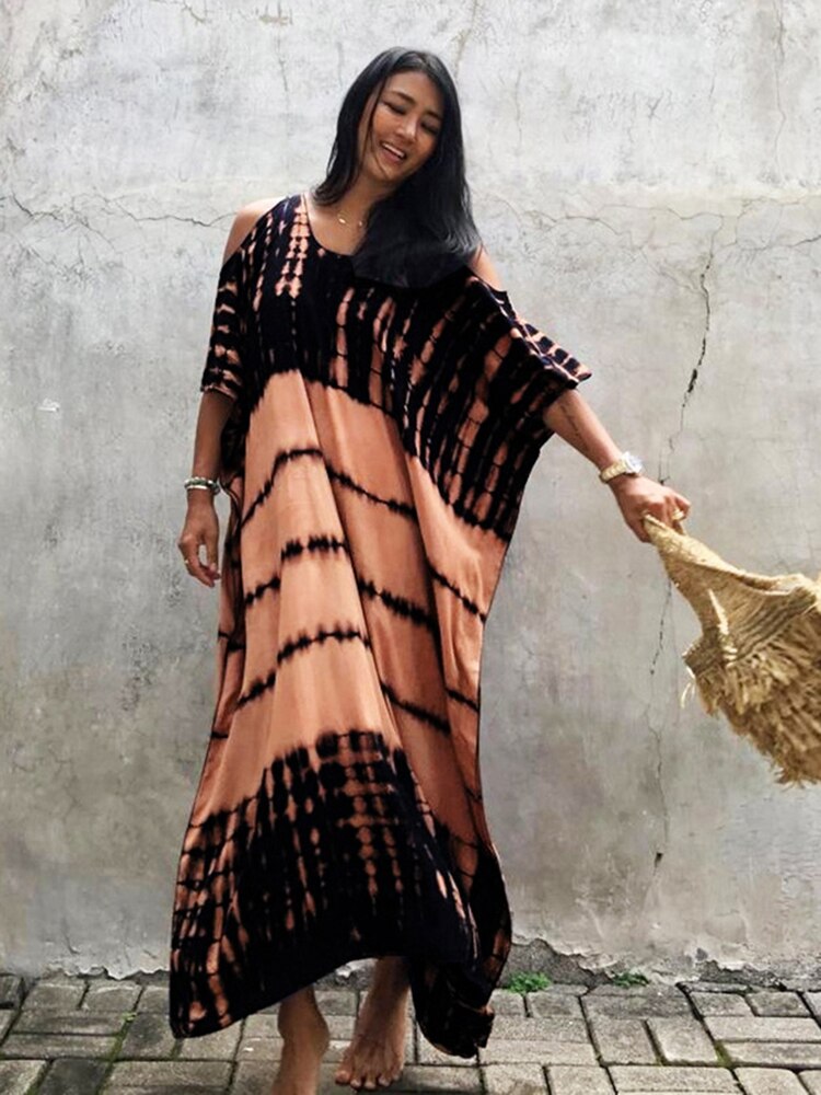 Fitshinling Open Shoulder Summer Long Dress Bohemian Vintage Halo Dyeing Robe Oversized Kaftan Holiday Fashion Sexy Pareos New