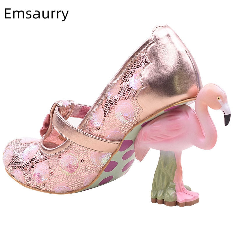 Flamingo High Heel Pumps Women Pink Weding Shoes Bridal Round Toe Slim Shallow Flower Print Bling Sequins Zapatos De Mujer AMAIO