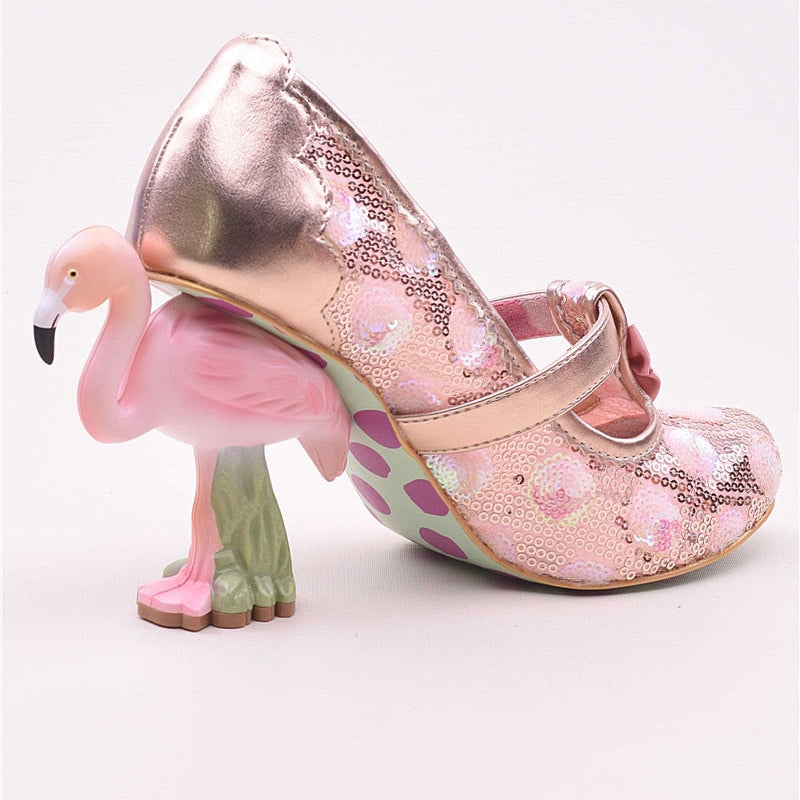 Flamingo High Heel Pumps Women Pink Weding Shoes Bridal Round Toe Slim Shallow Flower Print Bling Sequins Zapatos De Mujer Pink Sequins