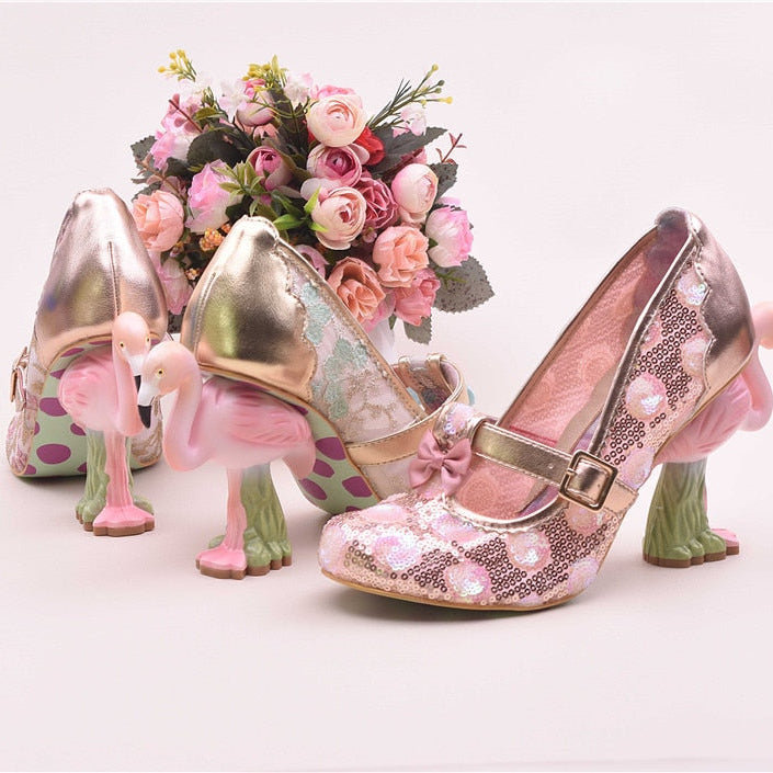Flamingo High Heel Pumps Women Pink Weding Shoes Bridal Round Toe Slim Shallow Flower Print Bling Sequins Zapatos De Mujer