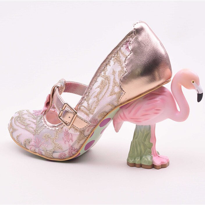 Flamingo High Heel Pumps Women Pink Weding Shoes Bridal Round Toe Slim Shallow Flower Print Bling Sequins Zapatos De Mujer Pink Lace