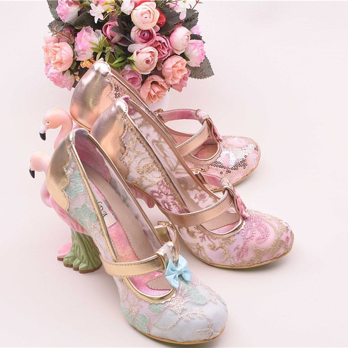 Flamingo High Heel Pumps Women Pink Weding Shoes Bridal Round Toe Slim Shallow Flower Print Bling Sequins Zapatos De Mujer