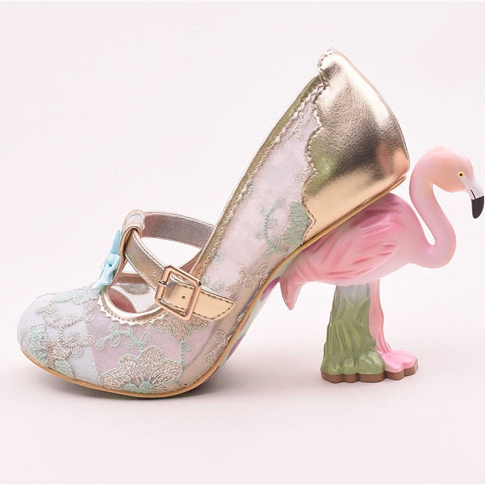 Flamingo High Heel Pumps Women Pink Weding Shoes Bridal Round Toe Slim Shallow Flower Print Bling Sequins Zapatos De Mujer Green Lace