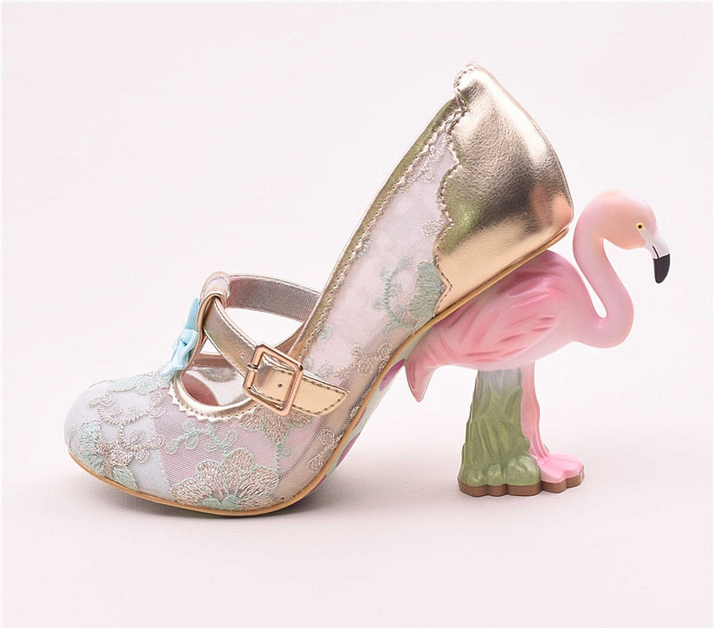 Flamingo High Heel Pumps Women Pink Weding Shoes Bridal Round Toe Slim Shallow Flower Print Bling Sequins Zapatos De Mujer Green Lace