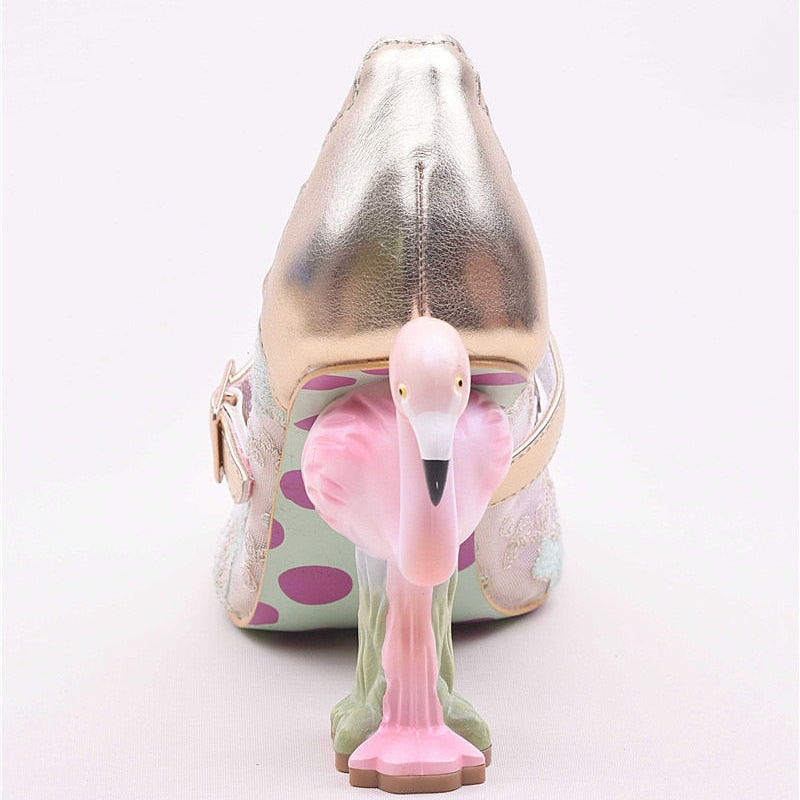 Flamingo High Heel Pumps Women Pink Weding Shoes Bridal Round Toe Slim Shallow Flower Print Bling Sequins Zapatos De Mujer