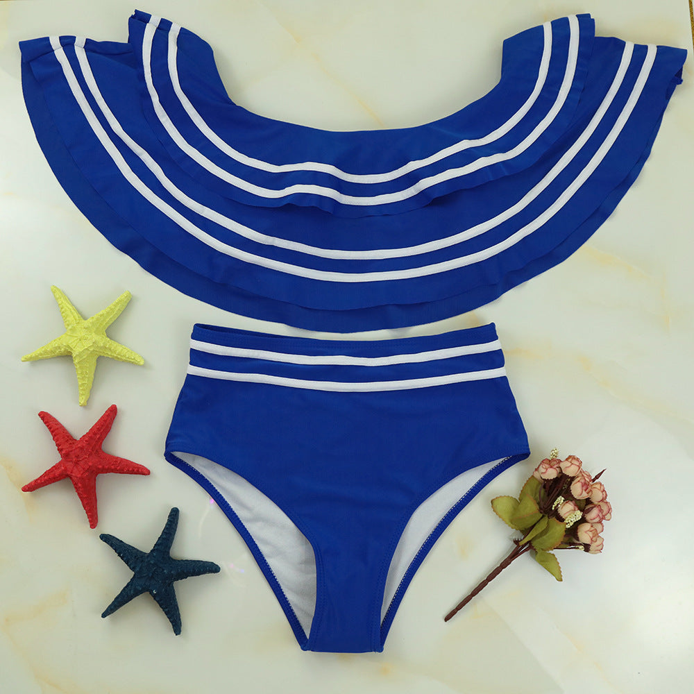 Flashing striped high waist pants sexy bikini Blue