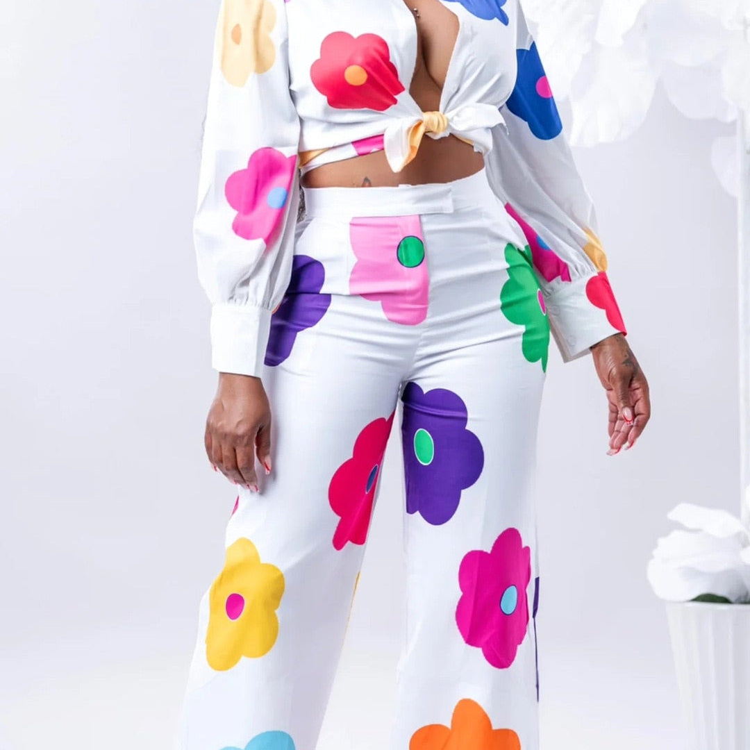 Flora Printed Women 2 Piece Set Elegant Button Up Blouse&shirts Wide Leg Pants Matching Set Autumn Office Lady Tracksuits White