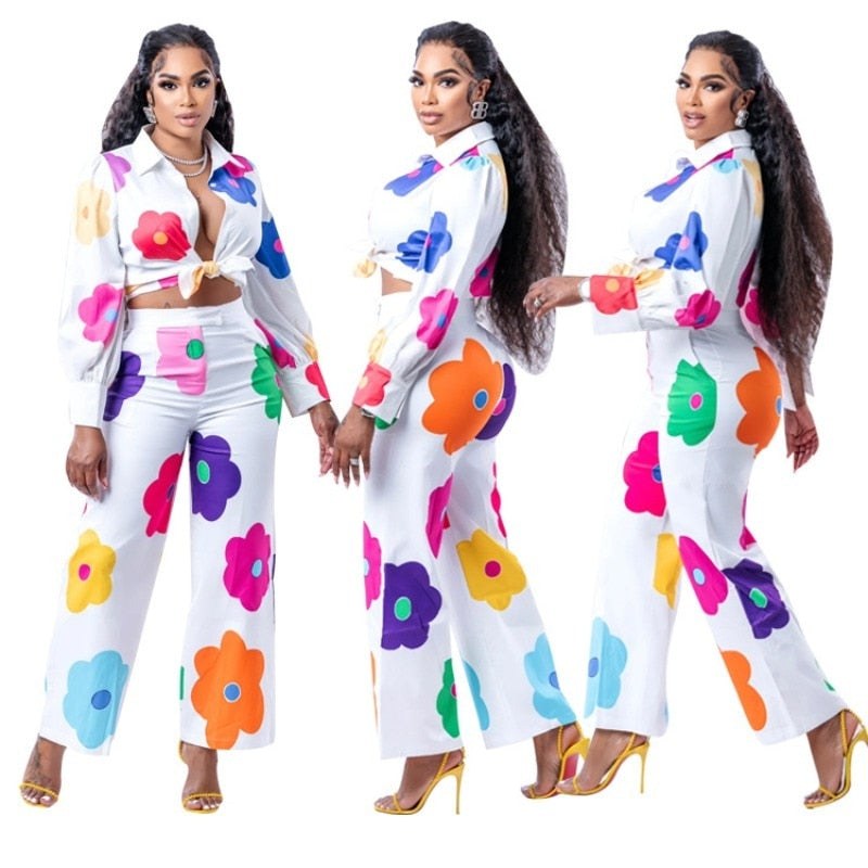 Flora Printed Women 2 Piece Set Elegant Button Up Blouse&shirts Wide Leg Pants Matching Set Autumn Office Lady Tracksuits AMAIO