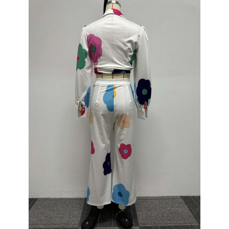 Flora Printed Women 2 Piece Set Elegant Button Up Blouse&shirts Wide Leg Pants Matching Set Autumn Office Lady Tracksuits