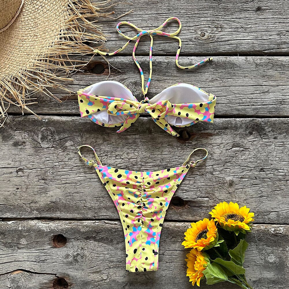Floral Brazilian Halter Backless Swimsuit Strappy Beachwear Dot biquini female