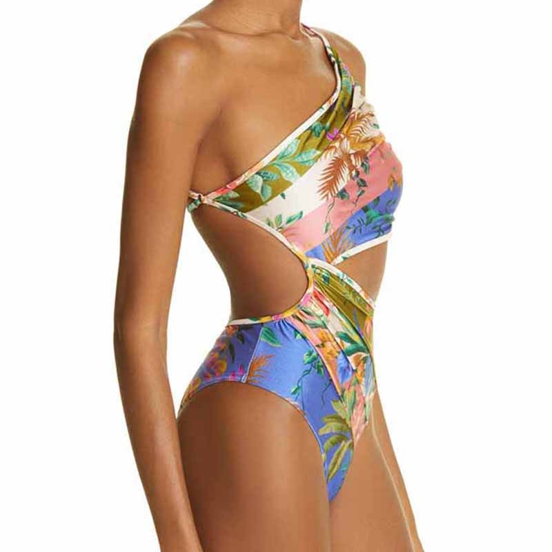 Floral Cutout One-Shoulder One-Piece Swimsuit Tankini Women Swimming Suits Swimwear Patchwork Luxury