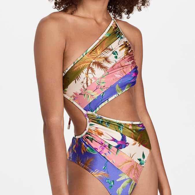 Floral Cutout One-Shoulder One-Piece Swimsuit Tankini Women Swimming Suits Swimwear Patchwork Luxury Purple