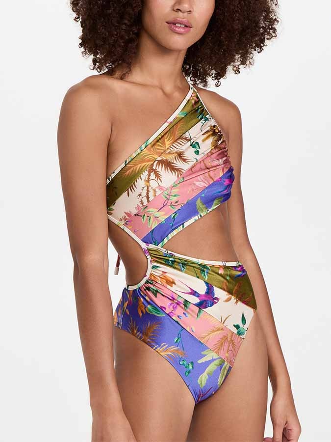 Floral Cutout One-Shoulder One-Piece Swimsuit Tankini Women Swimming Suits Swimwear Patchwork Luxury Purple