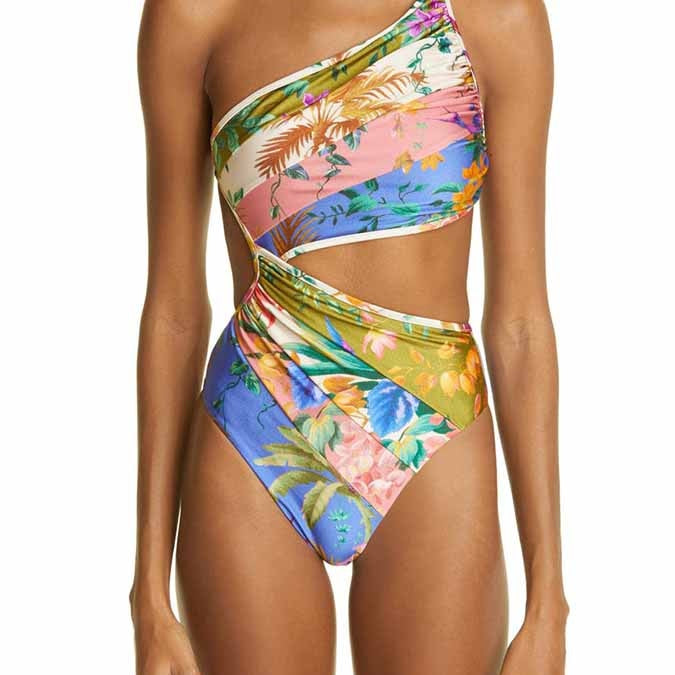 Floral Cutout One-Shoulder One-Piece Swimsuit Tankini Women Swimming Suits Swimwear Patchwork Luxury AMAIO