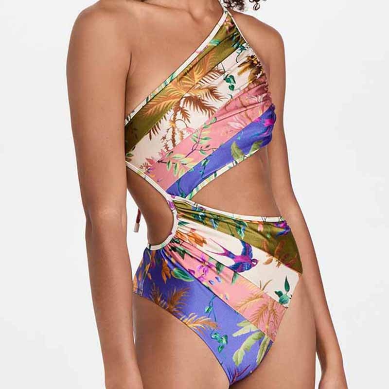 Floral Cutout One-Shoulder One-Piece Swimsuit Tankini Women Swimming Suits Swimwear Patchwork Luxury
