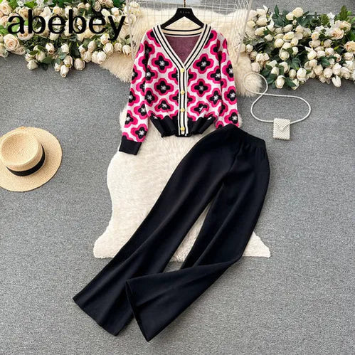 Floral Design Knitted Suits Bottons Single Breasted Hollow Out Cardigan+Wide Leg Long Pants Solid Women Autumn Sets Black One Size