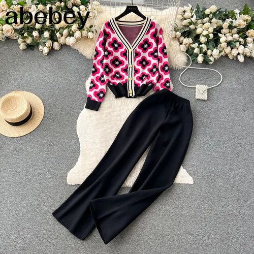 Floral Design Knitted Suits Bottons Single Breasted Hollow Out Cardigan+Wide Leg Long Pants Solid Women Autumn Sets Black One Size