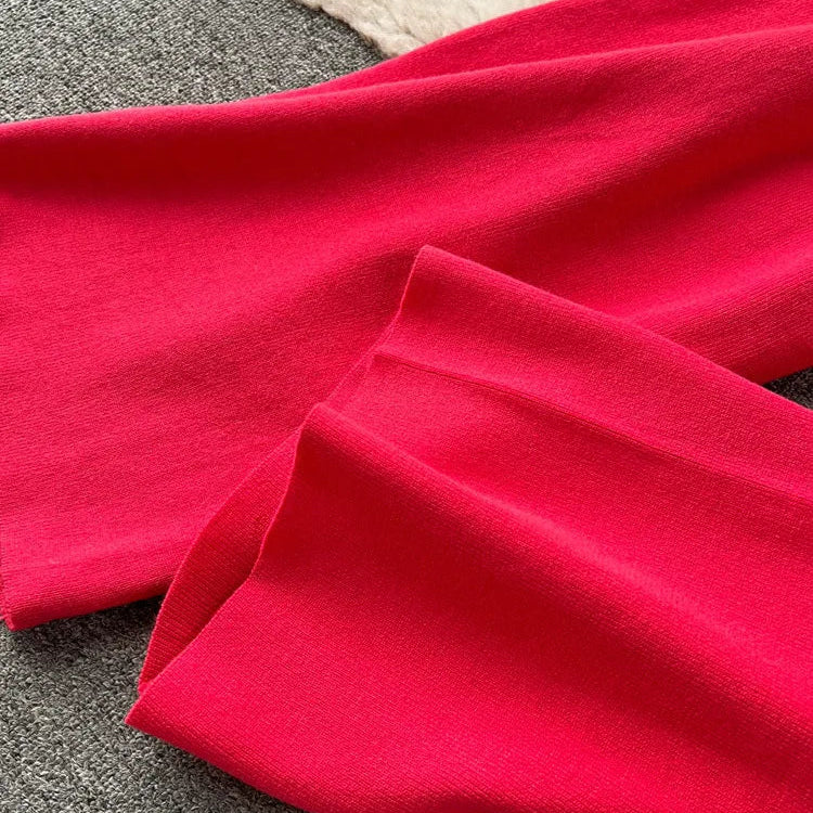 Floral Design Knitted Suits Bottons Single Breasted Hollow Out Cardigan+Wide Leg Long Pants Solid Women Autumn Sets