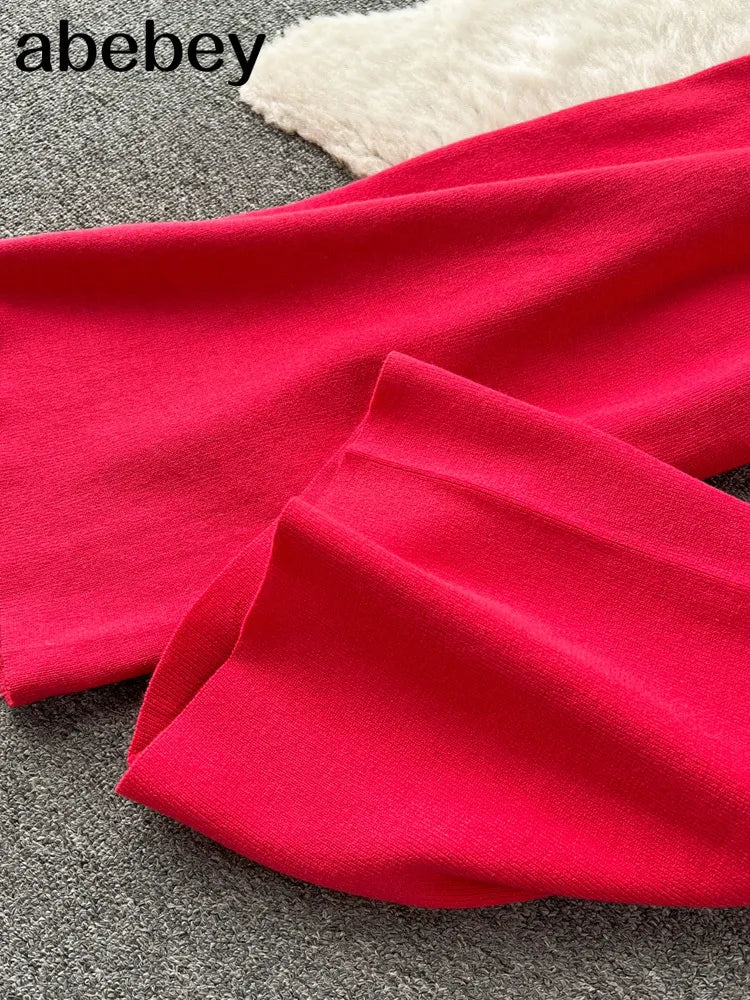 Floral Design Knitted Suits Bottons Single Breasted Hollow Out Cardigan+Wide Leg Long Pants Solid Women Autumn Sets