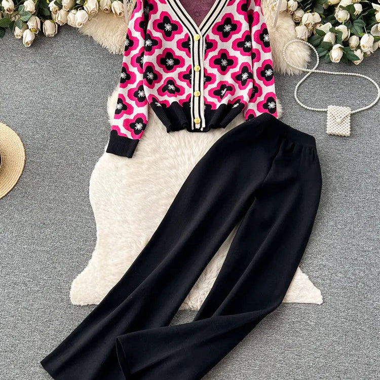 Floral Design Knitted Suits Bottons Single Breasted Hollow Out Cardigan+Wide Leg Long Pants Solid Women Autumn Sets