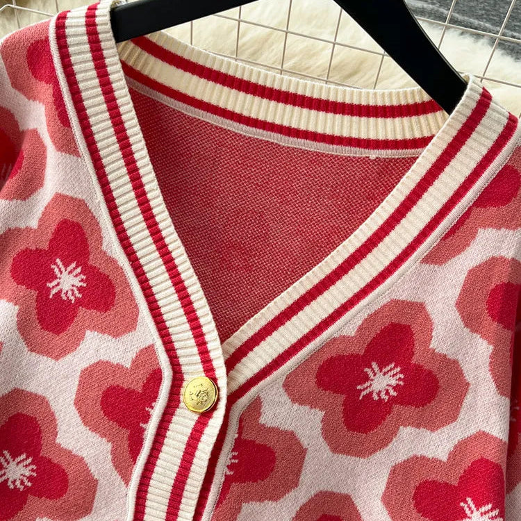 Floral Design Knitted Suits Bottons Single Breasted Hollow Out Cardigan+Wide Leg Long Pants Solid Women Autumn Sets