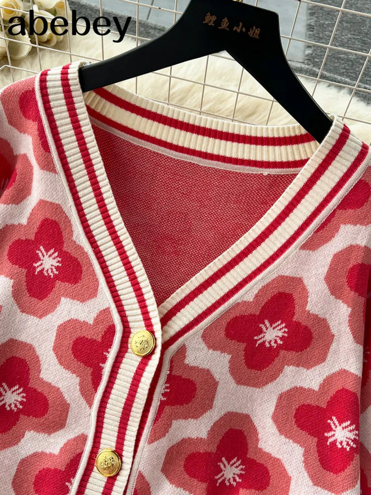 Floral Design Knitted Suits Bottons Single Breasted Hollow Out Cardigan+Wide Leg Long Pants Solid Women Autumn Sets