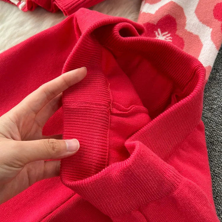 Floral Design Knitted Suits Bottons Single Breasted Hollow Out Cardigan+Wide Leg Long Pants Solid Women Autumn Sets