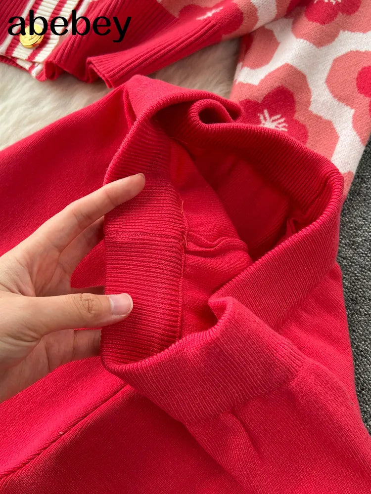 Floral Design Knitted Suits Bottons Single Breasted Hollow Out Cardigan+Wide Leg Long Pants Solid Women Autumn Sets