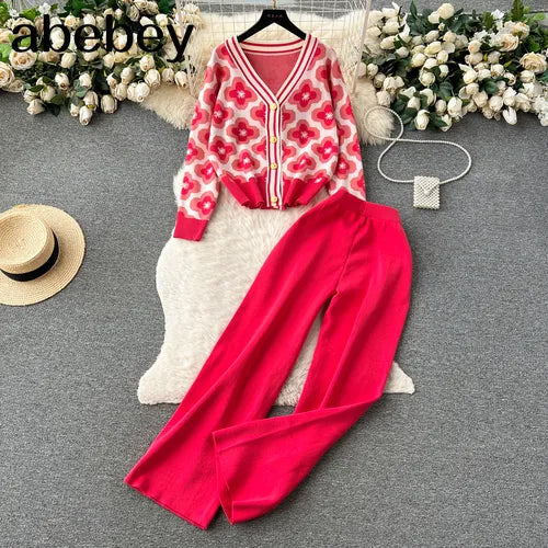 Floral Design Knitted Suits Bottons Single Breasted Hollow Out Cardigan+Wide Leg Long Pants Solid Women Autumn Sets Rose Red One Size