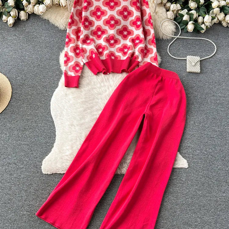 Floral Design Knitted Suits Bottons Single Breasted Hollow Out Cardigan+Wide Leg Long Pants Solid Women Autumn Sets