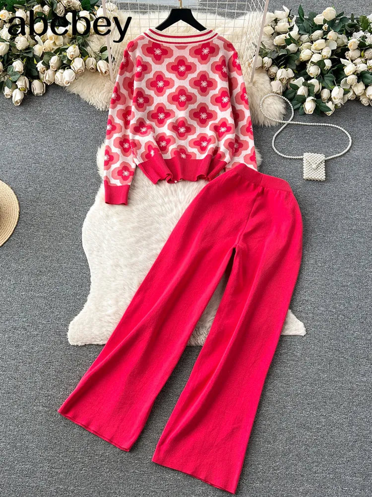 Floral Design Knitted Suits Bottons Single Breasted Hollow Out Cardigan+Wide Leg Long Pants Solid Women Autumn Sets