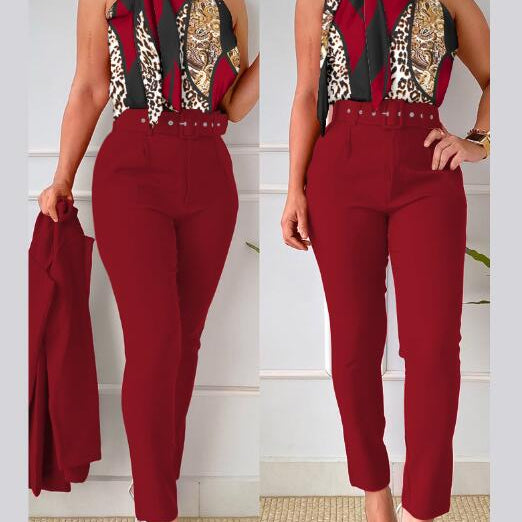 Floral Print Halter Tank Top - High Waist Pants Set With Belt Women 2pcs Clothes Suit Sleeveless Camis Tanks Tops Long Pants LZR16120A5