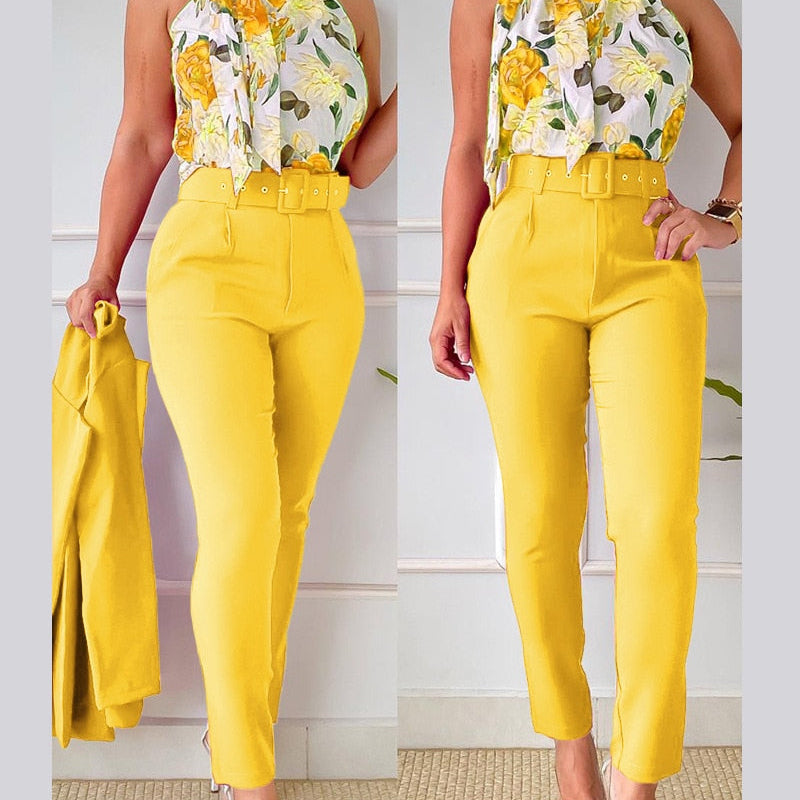 Floral Print Halter Tank Top - High Waist Pants Set With Belt Women 2pcs Clothes Suit Sleeveless Camis Tanks Tops Long Pants Yellow
