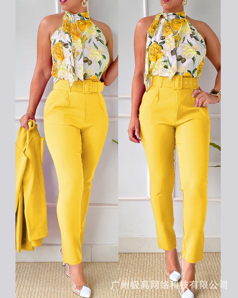 Floral Print Halter Tank Top - High Waist Pants Set With Belt Women 2pcs Clothes Suit Sleeveless Camis Tanks Tops Long Pants Yellow