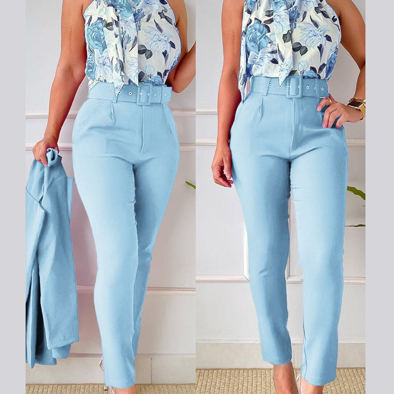 Floral Print Halter Tank Top - High Waist Pants Set With Belt Women 2pcs Clothes Suit Sleeveless Camis Tanks Tops Long Pants Blue