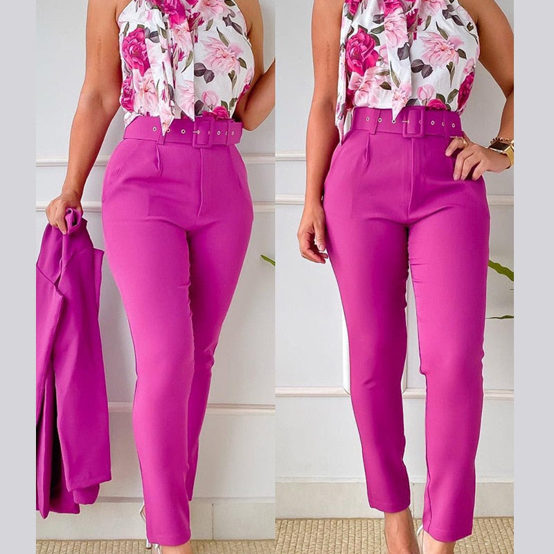 Floral Print Halter Tank Top - High Waist Pants Set With Belt Women 2pcs Clothes Suit Sleeveless Camis Tanks Tops Long Pants Rose Red